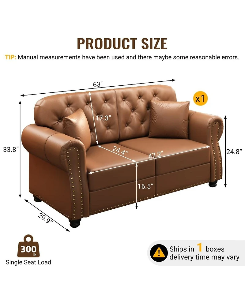 Maison Boucle 63'' Faux Leather Loveseat, Nailhead Tufted Chesterfield, Wood Frame