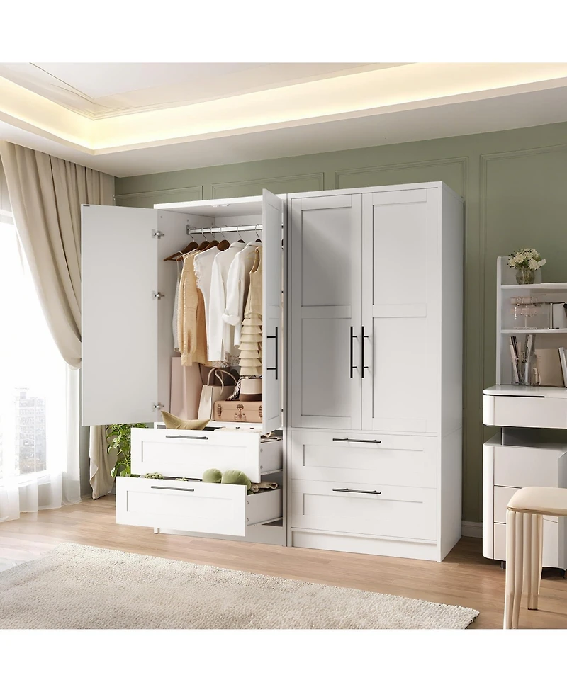 homfan Wooden Wardrobe Armoire with Drawers and Hanging Rod, Adjustable Shelf, Modern Closet Storage Cabinet for Bedroom, Dorm, Apartment