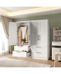 homfan Wooden Wardrobe Armoire with Drawers and Hanging Rod, Adjustable Shelf, Modern Closet Storage Cabinet for Bedroom, Dorm, Apartment