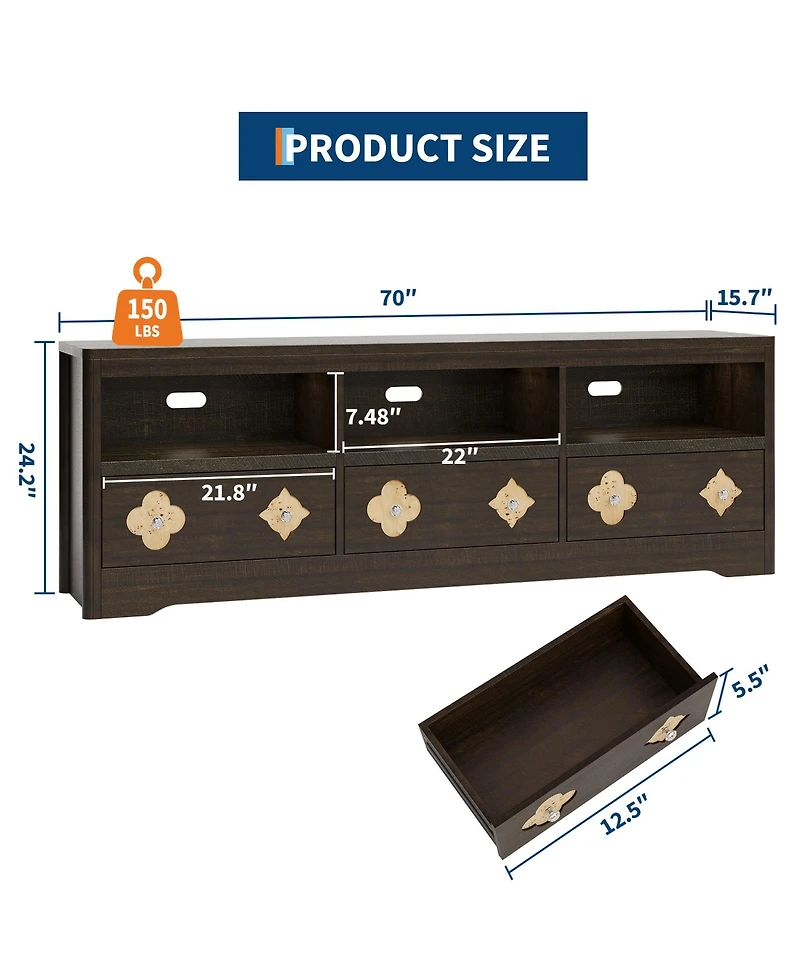 homfan Farmhouse 70" TV Stand for Tvs Up to 85" – Mid Century Entertainment Center with Carved Drawer and Open Shelves, Console Living Room