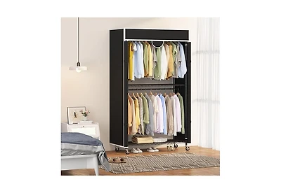 homfan Clothes Rack with Cover, 485LBS Capacity, Portable Closet Wardrobe on Wheels, Carbon Steel, Dustproof, Clothes Racks for Hanging