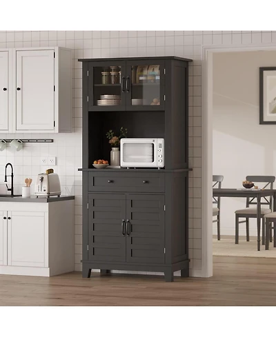 homfan Farmhouse 72'' Coffee Bar Cabinet with Glass Doors and Drawer