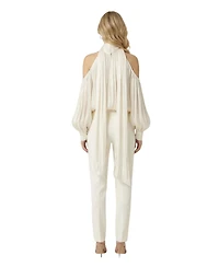 Modenaire Women's High-Neck Cold-Shoulder Draped Blouse