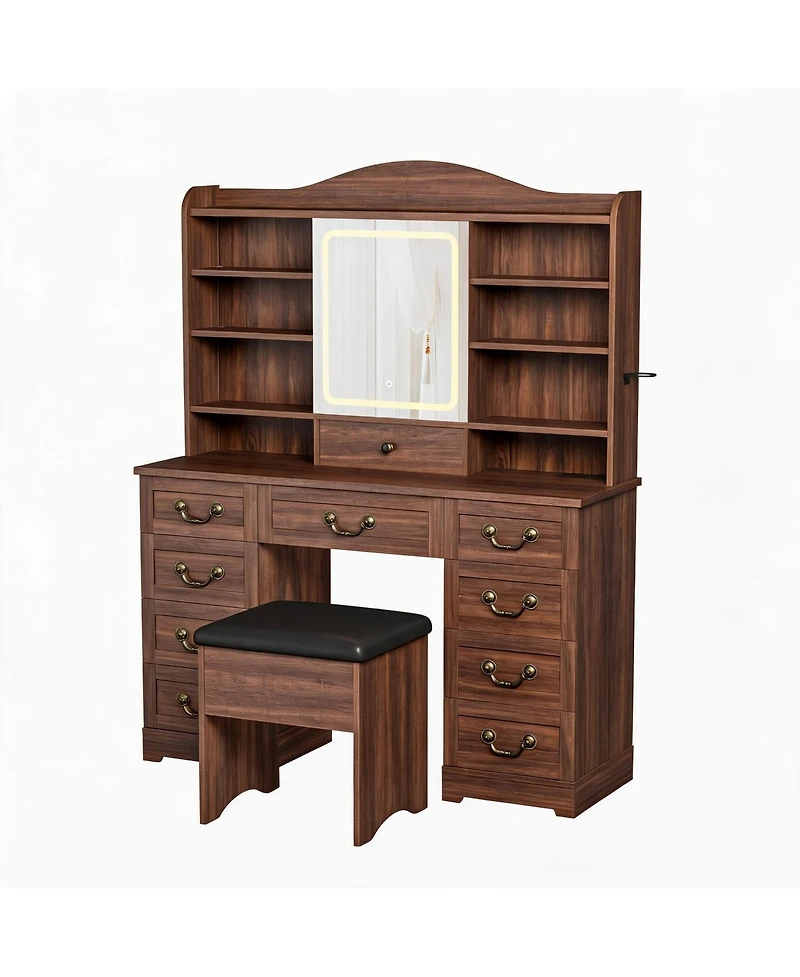 homfan Vanity Desk with Mirror and Led Lights - Includes Chair, 10 Drawers 8 Shelves, Makeup Table Power Outlet for Bedroom