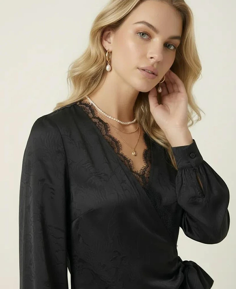 Modenaire Women's Lace-Trim V-Neck Wrap Tie-Detail Top