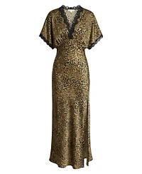 Modenaire Women's Leopard Print Lace-Trim Plunging V-Neck Maxi Dress