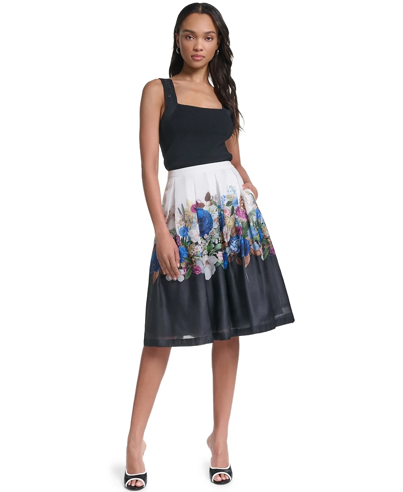 Karl Lagerfeld Paris Women's Printed Organza Floral Stripe A-Line Skirt