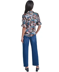 Karl Lagerfeld Paris Women's Floral Brocade Print 3/4-Sleeve Button-Up Blouse