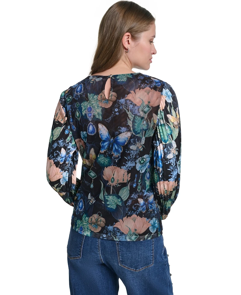 Karl Lagerfeld Paris Women's Mixed Media Printed Mesh Top
