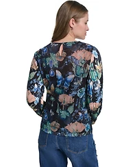 Karl Lagerfeld Paris Women's Mixed Media Printed Mesh Top
