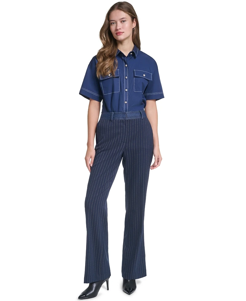 Karl Lagerfeld Paris Women's Striped Straight-Leg Denim Waistband Pants