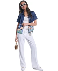 Karl Lagerfeld Paris Women's Striped Floral Printed Button-Up Blouse