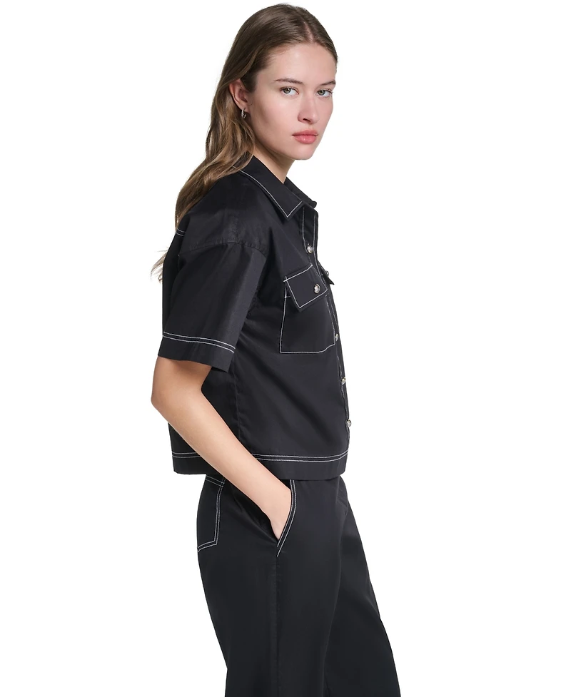 Karl Lagerfeld Paris Women's Cropped Poplin Button-Front Blouse