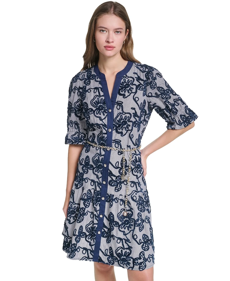 Karl Lagerfeld Paris Women's Velvet Embroidery 3/4-Sleeve Chain Belt Dress