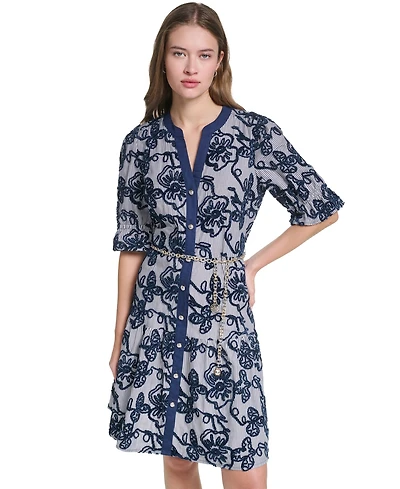 Karl Lagerfeld Paris Women's Velvet Embroidery 3/4-Sleeve Chain Belt Dress