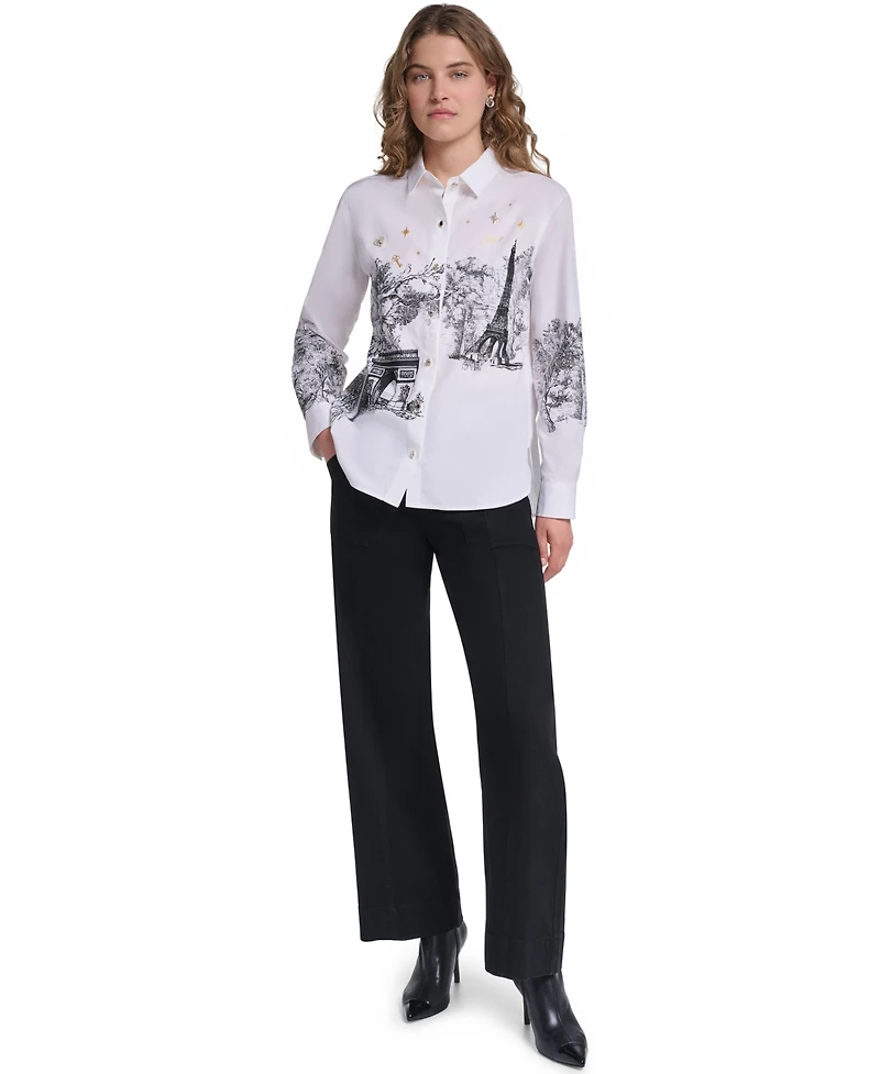 Karl Lagerfeld Paris Women's Parisian Graphics Long-Sleeve Shirt