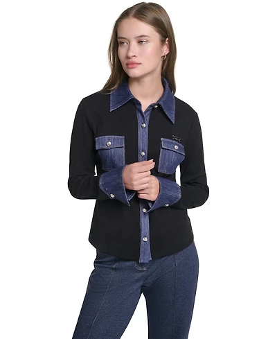 Karl Lagerfeld Paris Women's Denim Collar and Cuffs Knit Button-Up Sweater