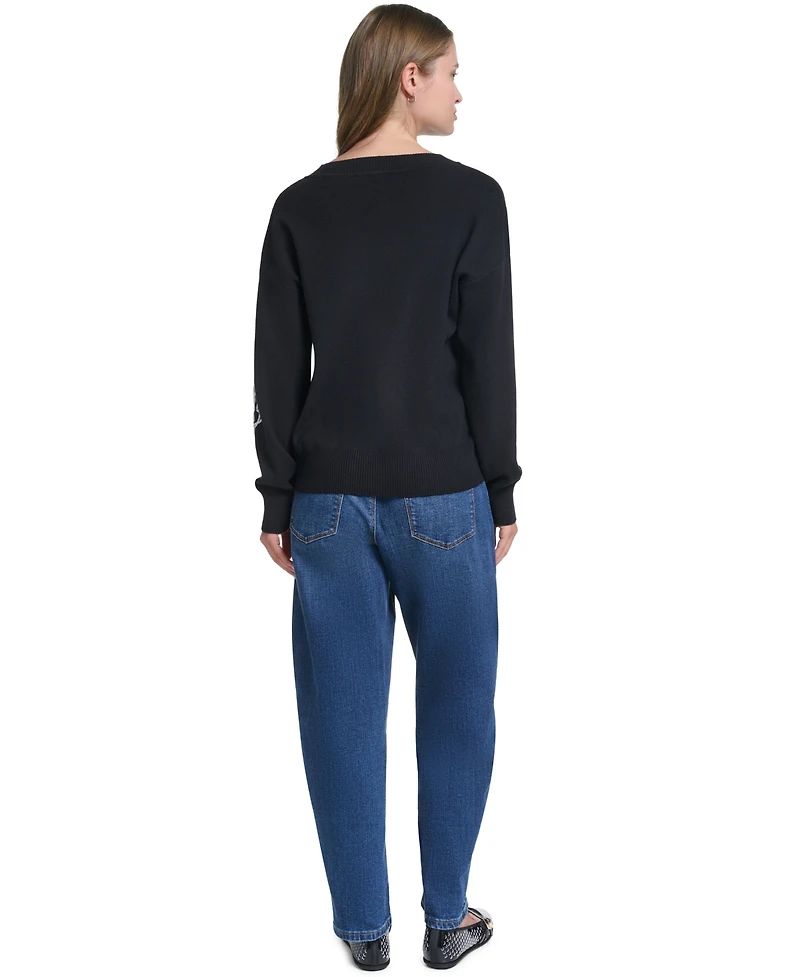 Karl Lagerfeld Paris Women's Floral Embroidery V-Neck Sweater