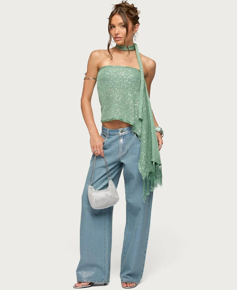 Edikted Women's Two-Piece Sequin Knit Scarf Top