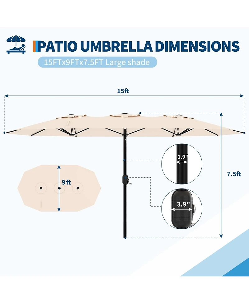 homfan Outdoor Patio Umbrella 15ft x 9ft, Manual Tilting Canopy for Garden or Table (Base Not Included)