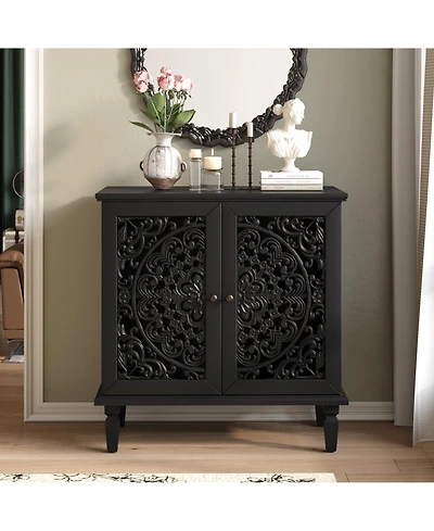 Clihome Vintage Carved Storage Cabinet with Solid Wood Legs, Double Door Accent Adjustable Shelf