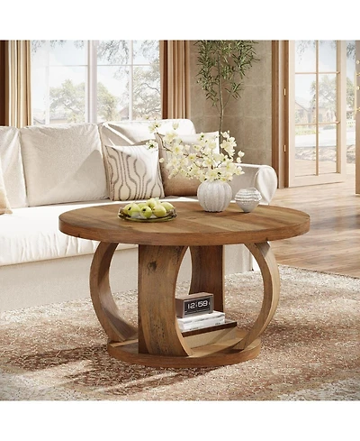 Tribesigns Round Coffee Table,2-Tier Circle Coffee Table with Storage,Farmhouse Wooden Center Furniture for Living Room,Small Space