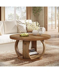 Tribesigns Round Coffee Table,2-Tier Circle Coffee Table with Storage,Farmhouse Wooden Center Furniture for Living Room,Small Space
