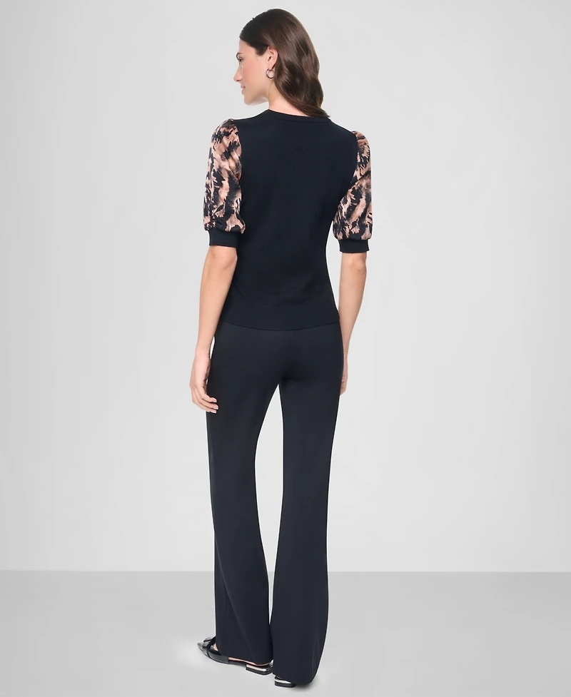 Dkny Women's Printed Twist-Sleeve Mix Media Sweater