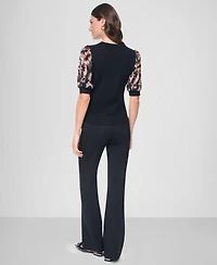 Dkny Women's Printed Twist-Sleeve Mix Media Sweater