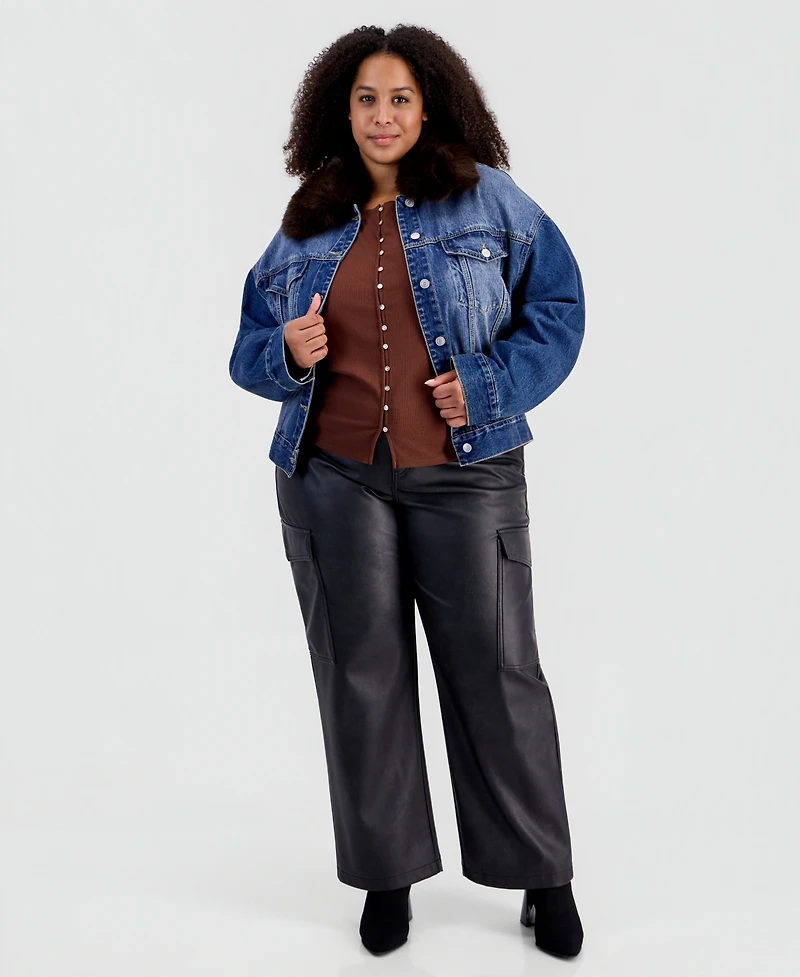 And Now This Plus Removable Faux-Fur Collar Denim Cropped Jacket, Macy's Exclusive