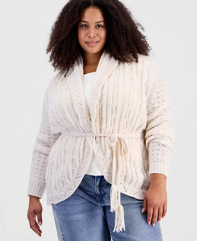 And Now This Plus Tie Pointelle Shawl Collar Drop-Shoulder Cardigan, Macy's Exclusive