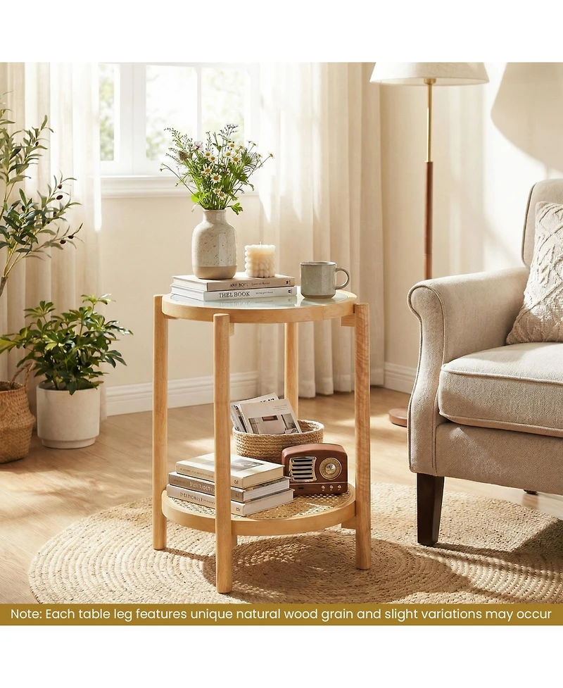 Gymax Room > End and Side Tables Gymax 2PCS Round Side Table w/Tempered Glass Top Storage Shelf Acacia Wood Legs