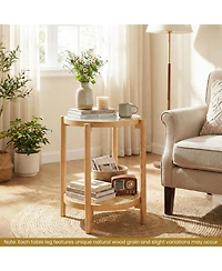Gymax Room > End and Side Tables Gymax 2PCS Round Side Table w/Tempered Glass Top Storage Shelf Acacia Wood Legs