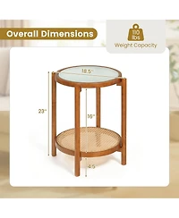 Gymax Room > End and Side Tables 2PCS Round Table w/Tempered Glass Top Storage Shelf Acacia Wood Legs