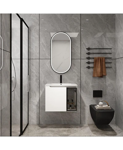 Thirtypeachy 24" Wall-Mounted Glossy White Bathroom Vanity With Ceramic Sink, Gray Glass Door, 2 Soft-Close Doors