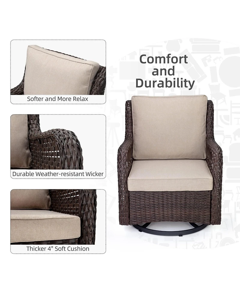 homfan Wicker Swivel and Glide Patio Chair Set with Cushions and Tempered Glass Side Table Durable Outdoor Seating for Porch or Backyard