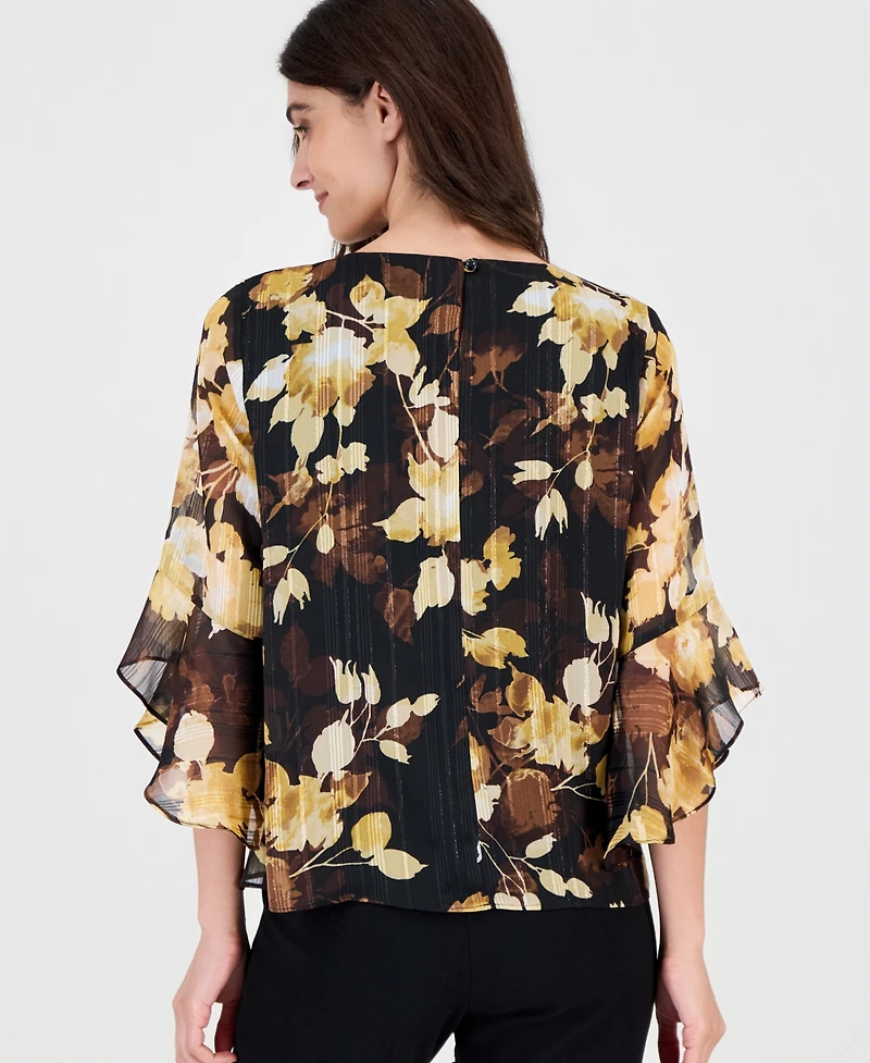 Kasper Women's Floral 3/4-Sleeve Ruffled Chiffon Blouse