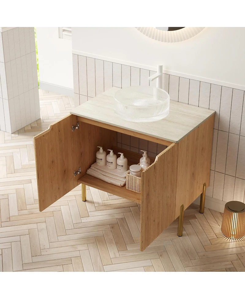 Sillysis 30 Inch Bathroom Vanity with Glass Vessel Sink, Sintered Stone Top, Modern Wood Grain Cabinet, Soft Close Storage