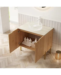 Sillysis 30 Inch Bathroom Vanity with Glass Vessel Sink, Sintered Stone Top, Modern Wood Grain Cabinet, Soft Close Storage