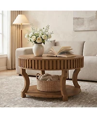 Tribesigns 31.5-In Round Coffee Table, Farmhouse 2-Tier Center Table with Storage, Fluted Solid Wood Cocktail Table for Living Room