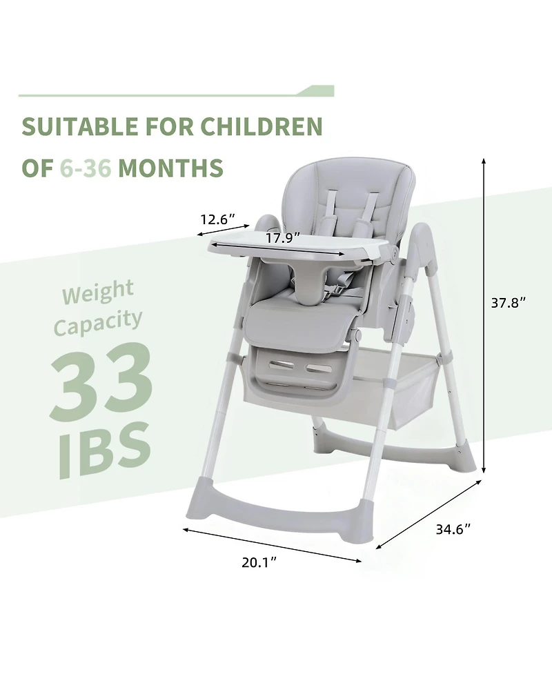 homfan Foldable Baby High Chair with Adjustable Backrest, Footrest, Tray, and 5-Point Harness