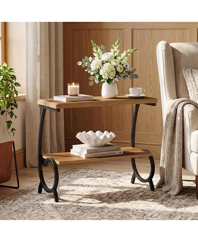 Tribesigns 2-Tier End Table: Narrow couch side table with J-shaped metal legs. Farmhouse bedside nightstand for living room, bedroom