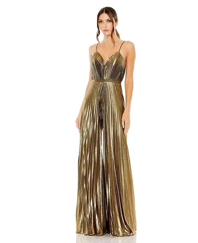 Mac Duggal Women's Petite Metallic Pleated Wide-Leg V-Neck Jumpsuit