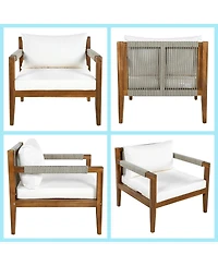 Asagikoiai 3-Piece Acacia Wood Outdoor Conversation Set with Rope Woven Backrest and Cushions
