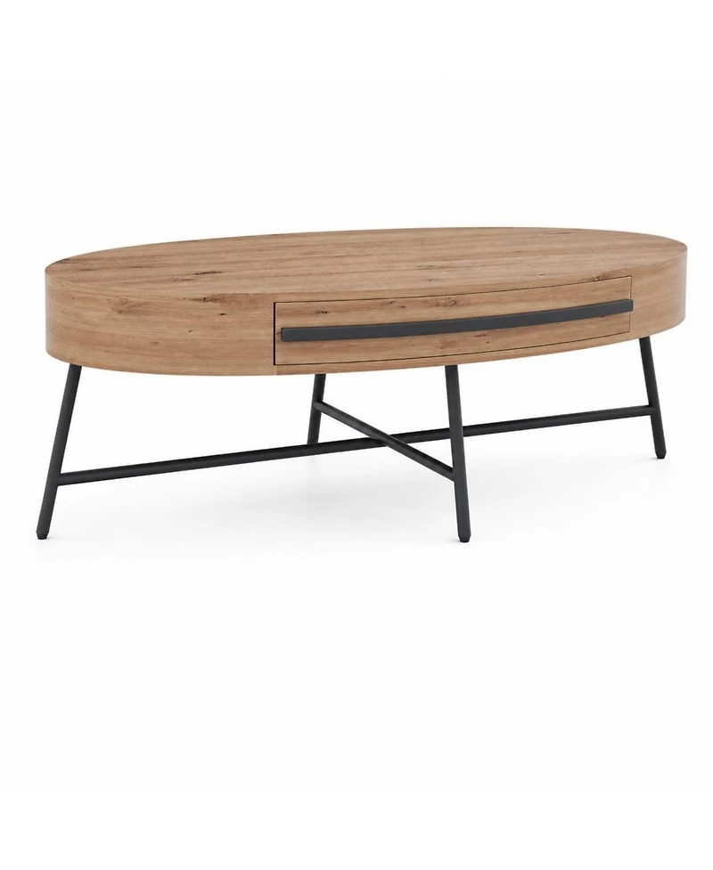 homfan Mid-Century Modern Oval Coffee Table with Drawer - 47.2" Wooden Center Table with Cross Metal Legs, Ample Storage and Curved Design
