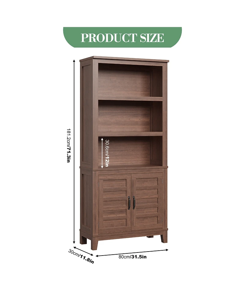 homfan 5-Tier Bookcase with Doors Floor Standing Farmhouse Wooden Bookshelf, 71.3" Tall Storage Cabinet for Home Office, Living Room or Bedroom