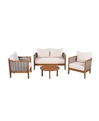 Asagikoiai 4-Piece Outdoor Woven Rope Sofa Set with Acacia Wood Frame for Patio Backyard