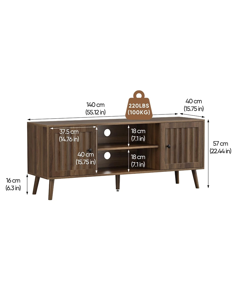 Boyel Living 55" Mid-Century Modern Tv Stand with Fluted Doors, Walnut Entertainment Center with Adjustable Shelves and Storage for Living Room