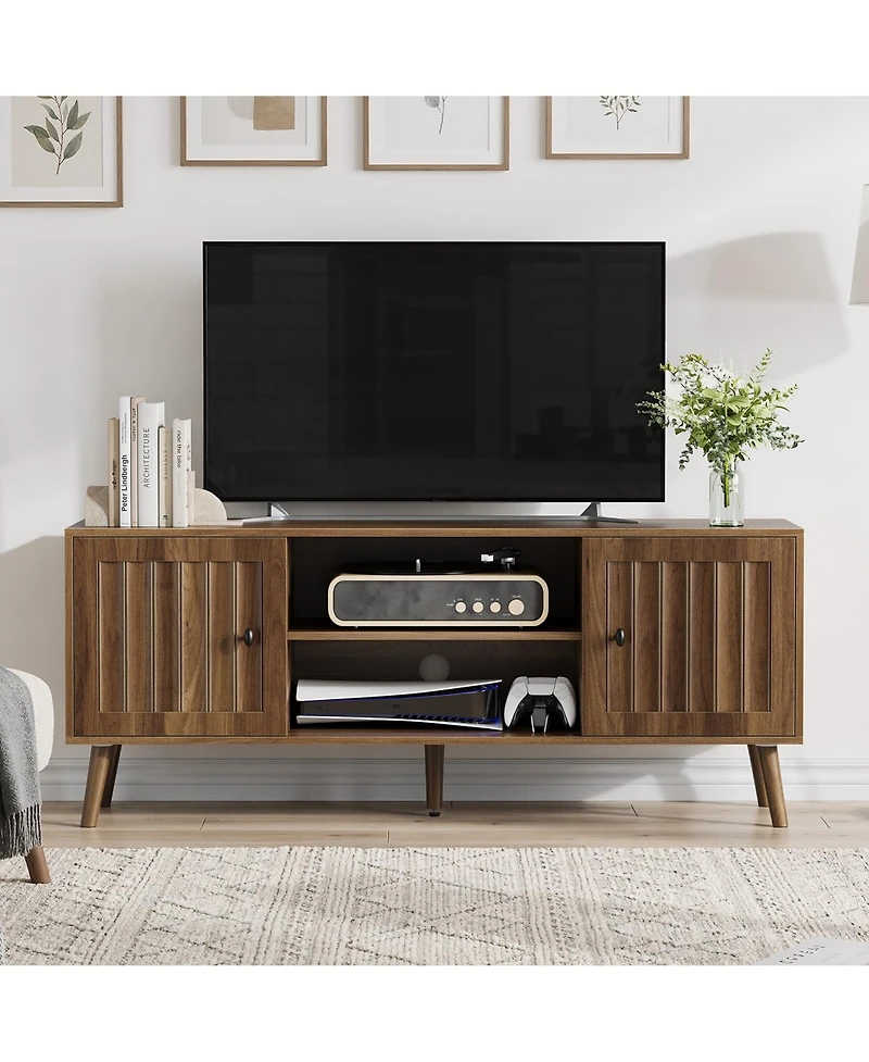 Boyel Living 55" Mid-Century Modern Tv Stand with Fluted Doors, Walnut Entertainment Center with Adjustable Shelves and Storage for Living Room