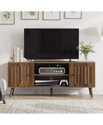 Boyel Living 55" Mid-Century Modern Tv Stand with Fluted Doors, Walnut Entertainment Center with Adjustable Shelves and Storage for Living Room